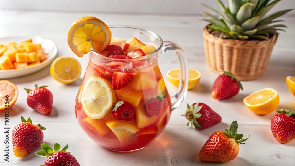 A pitcher of homemade fruit-infused sangria with lemon, pineapple, and strawberries on a white wooden table. A pitcher of homemade fruit-infused sangria with lemon, pineapple, and strawberries on a white wooden table.