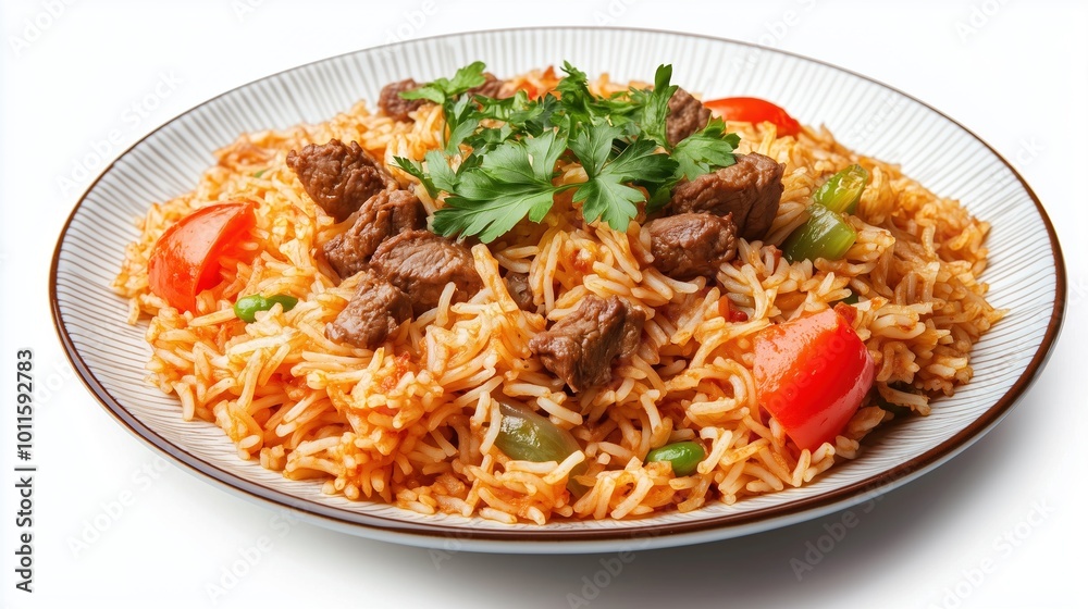 Traditional Pilaf Served on a Plate Against a White Background, Highlighting Its Rich Ingredients and Flavors. Traditional Pilaf Served on a Plate Against a White Background, Highlighting Its Rich Ingredients and Flavors.