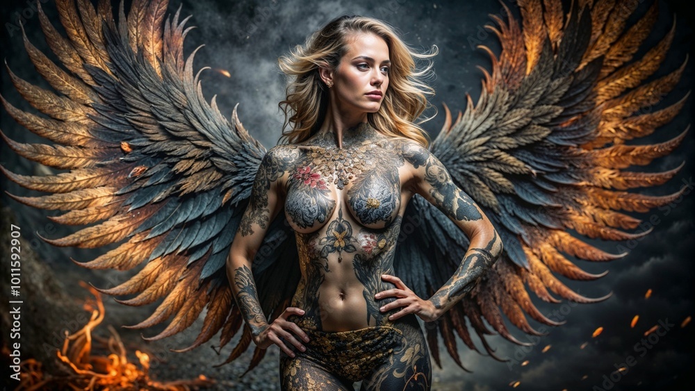 Fototapeta premium Fierce Woman with Fiery Wings and Tattoos for Fantasy Art, Tattoo Studio Promotions, and Empowerment-Themed Posters, Symbolizing Strength and Rebirth with Intense Burning Effects