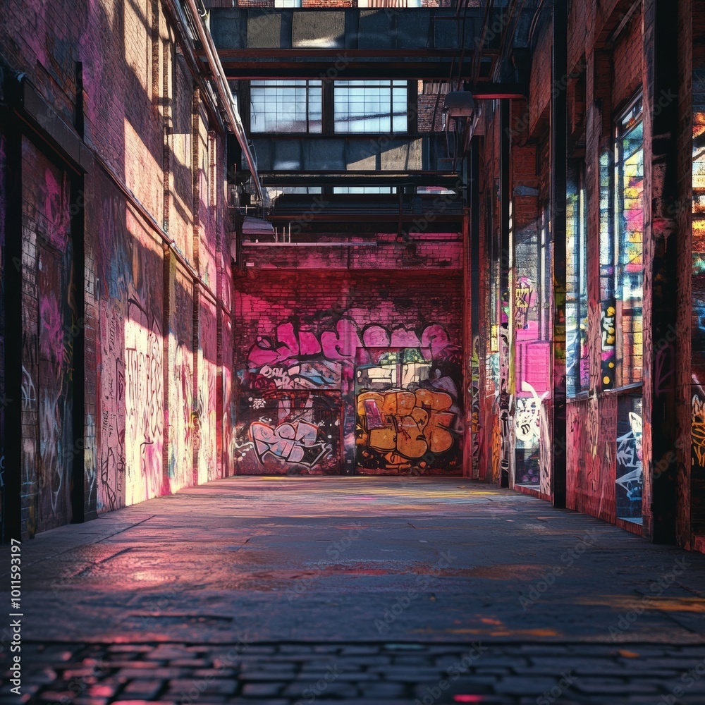 Naklejka premium Graffiti Covered Brick Alleyway with Sunlight and Shadows