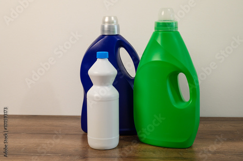 multicolored bottles with household chemicals