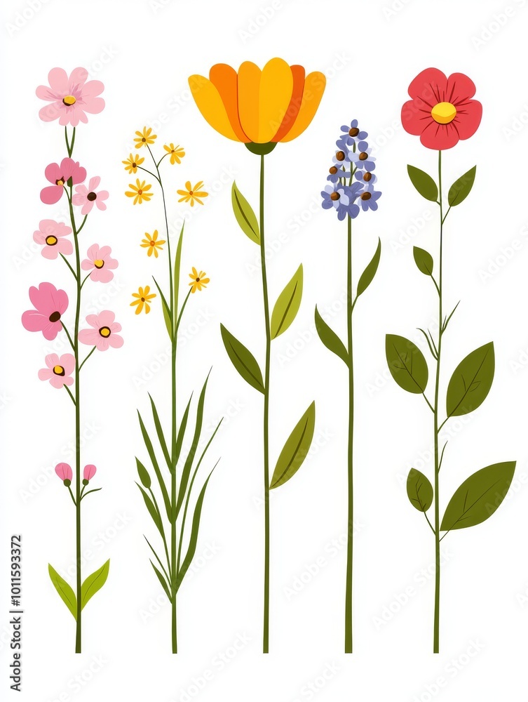A Vibrant Collection of Hand-Drawn Wildflowers in Various Colors Against a White Background A Vibrant Collection of Hand-Drawn Wildflowers in Various Colors Against a White Background