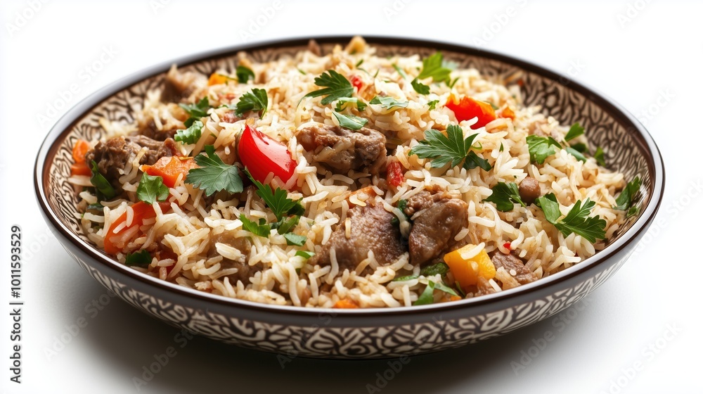 Traditional Pilaf Served on a Plate Against a White Background, Highlighting Its Rich Ingredients and Flavors. Traditional Pilaf Served on a Plate Against a White Background, Highlighting Its Rich Ingredients and Flavors.