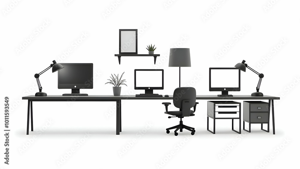 Fototapeta premium Black desk with laptops on white background