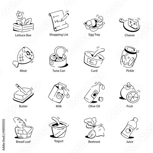 Basic RGBCollection of Doodle Style Grocery Icons 

