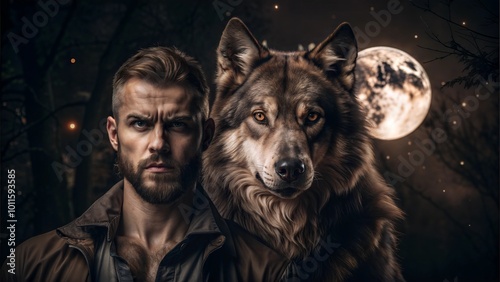 Man and Wolf Under Full Moon for Dark Fantasy Art, Book Covers, and Storytelling Blogs, Perfect for Themes of Brotherhood, Loyalty, and Wilderness with a Mysterious Nighttime Setting

