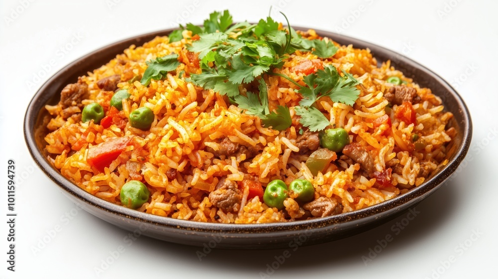 Traditional Pilaf Served on a Plate Against a White Background, Highlighting Its Rich Ingredients and Flavors. Traditional Pilaf Served on a Plate Against a White Background, Highlighting Its Rich Ingredients and Flavors.