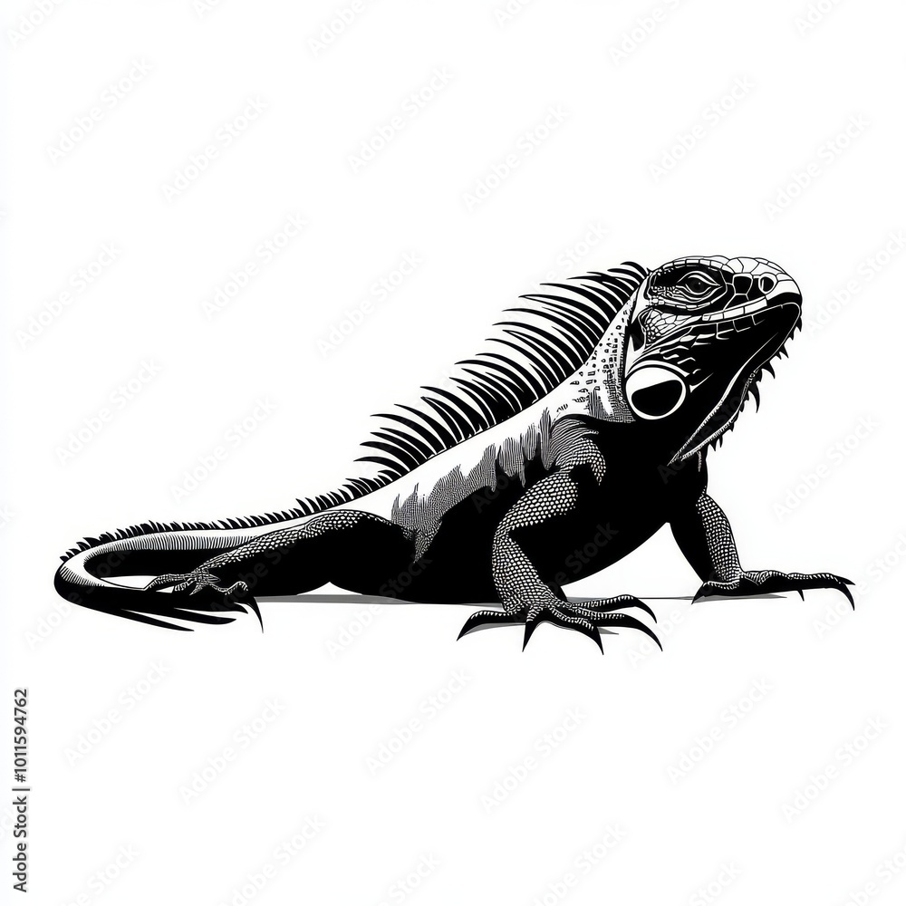 Fototapeta premium A Detailed Black and White Illustration of an Iguana Resting on a Flat Surface in a Minimalist Style