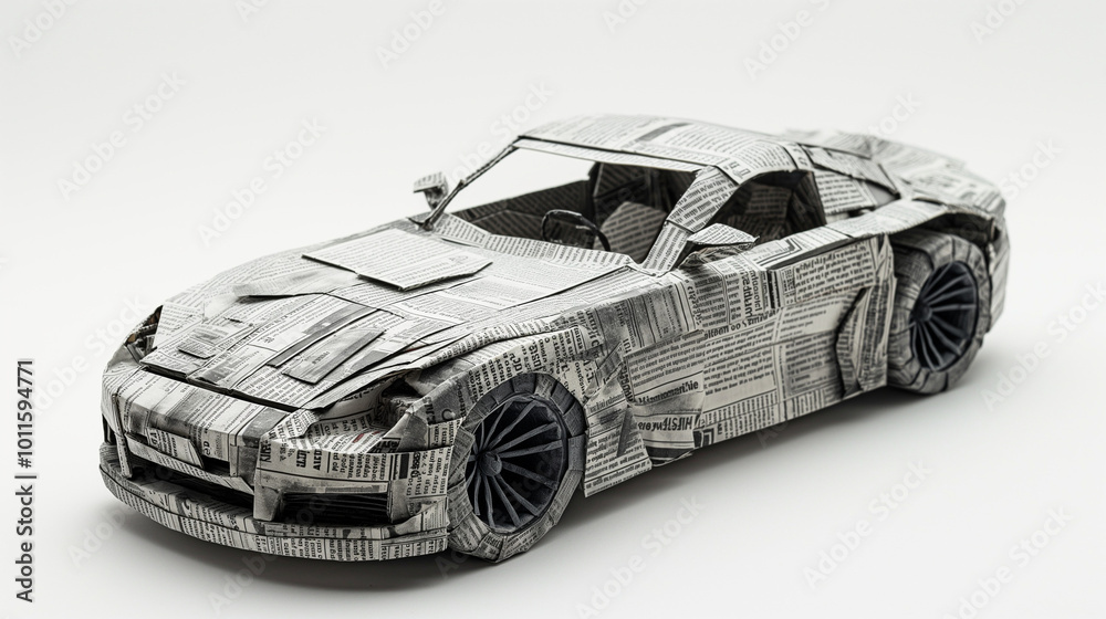 Fototapeta premium Intricate paper craft of a sports car made entirely from folded newspaper in a minimalist studio setting