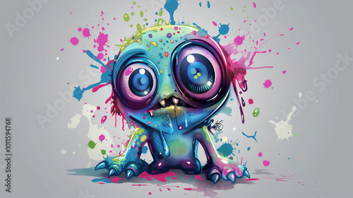 Colorful cartoon monster with large eyes and splattered paint on a gray background