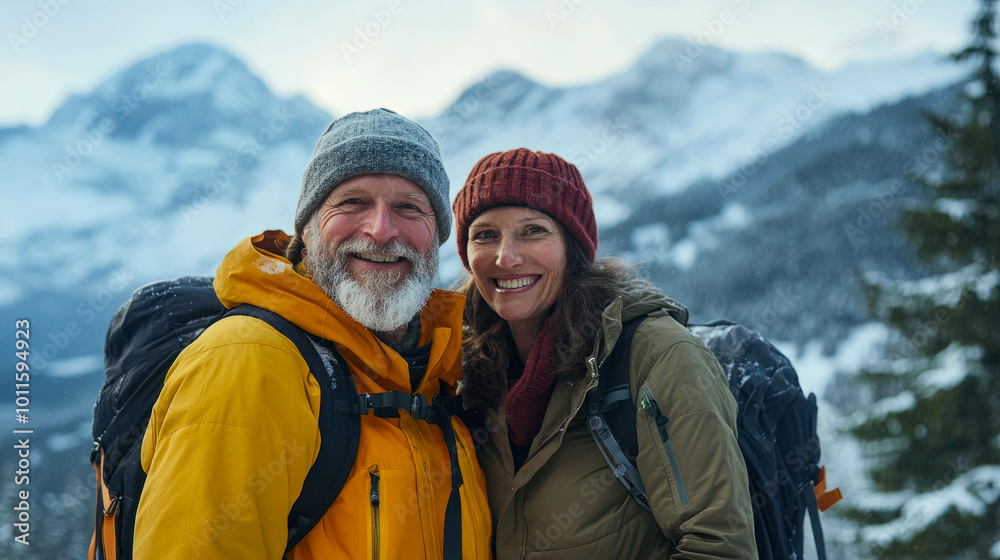 couple 50 years old in winter hiking gear standing against snowy mountains couple 50 years old in winter hiking gear standing against snowy mountains