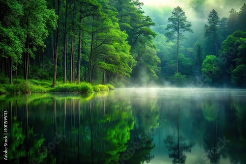 Dark forest with deep mist, green foliage, and faint sunlight in background reflected