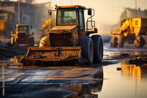 Heavy machinery working in muddy conditions
