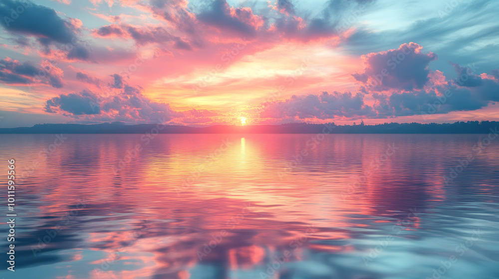 A lakeâ€™s surface at sunrise,