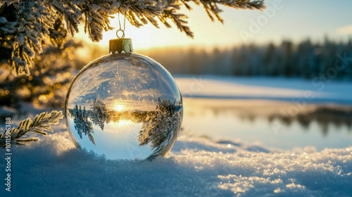 Fototapeta Naklejka Na Ścianę i Meble -  beautiful transparent thick glass ball for Christmas tree, lies on snow, winter lake and forest are reflected in the ball