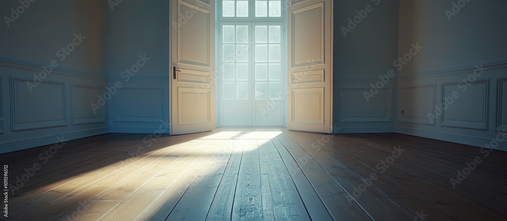 Fototapeta premium Sunlight streaming through a door in a white room onto a hardwood floor.