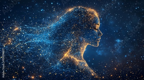 A luminous profile of a figure, composed of connected nodes and lines, embodies the blending of technology and the cosmos in a captivating cosmic representation.