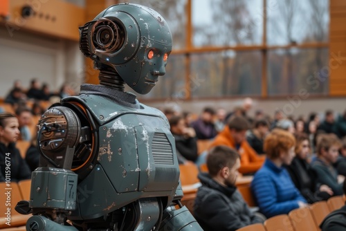 Futuristic robot lecturer engages diverse audience with emotional talk on technology s future photo