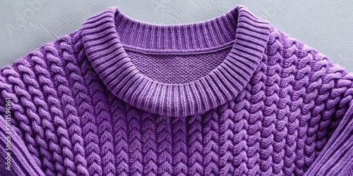 A close-up of a purple knitted sweater with a cable knit pattern and a folded neckline.