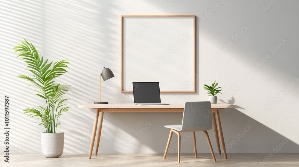 Minimalist workspace with a computer, lamp, and plants against a bright background. Minimalist workspace with a computer, lamp, and plants against a bright background.