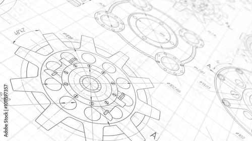  Gears.Technical drawing of gear .Technology background.Mechanics video.	