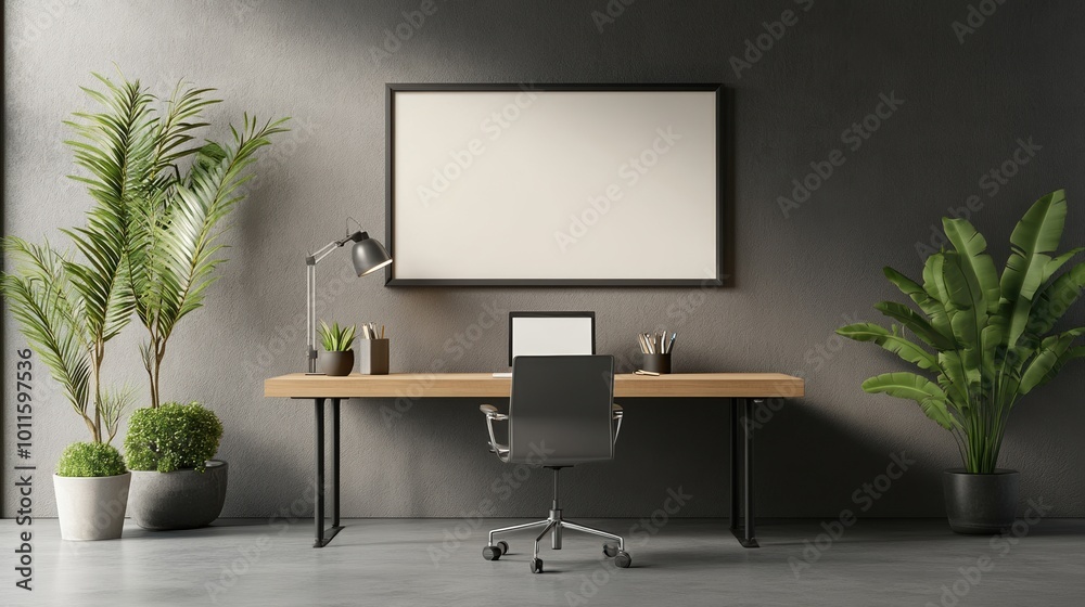 Modern desk setup with plants, lamp, and blank frame on gray wall. Modern desk setup with plants, lamp, and blank frame on gray wall.