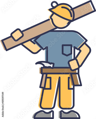 Illustration of a carpenter with a plank and tools, symbolizing craftsmanship and construction.