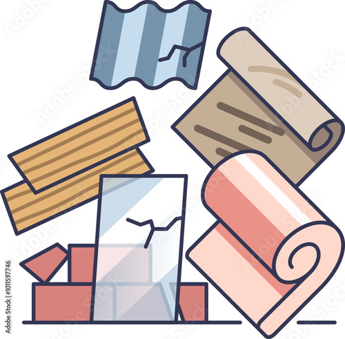 Illustration of construction waste: bricks, glass, wood, metal, and insulation.