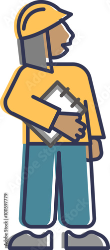 Illustration of a construction worker holding a clipboard, symbolizing planning and safety.