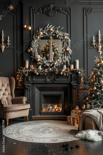 Decorated Christmas tree with ornaments and reflections in corner mirror, cozy living room setting.