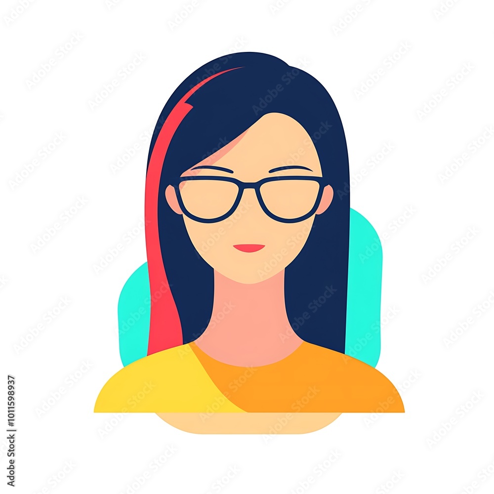 A simple cartoon illustration of a woman with dark hair, red highlights, and glasses wearing a yellow shirt. A simple cartoon illustration of a woman with dark hair, red highlights, and glasses wearing a yellow shirt.