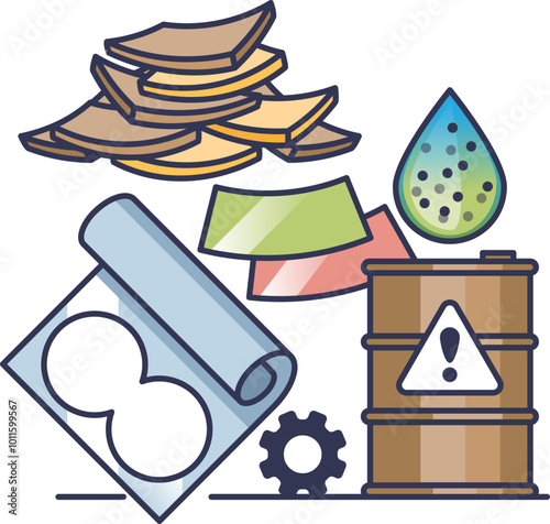 Illustration of industrial waste with barrels, gears, and paper.