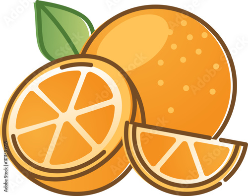 Illustration of whole and sliced oranges with leaves, symbolizing freshness and vitality.