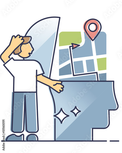 Illustration of a person with a map and a head symbolizing short-term memory.