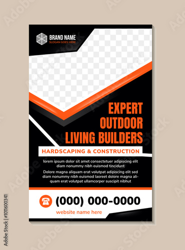 Roll-up banner to expert outdoor living builders hardscaping and construction. combination orange and white colors element. space for photo collage. vertical layout mockup on black background.
