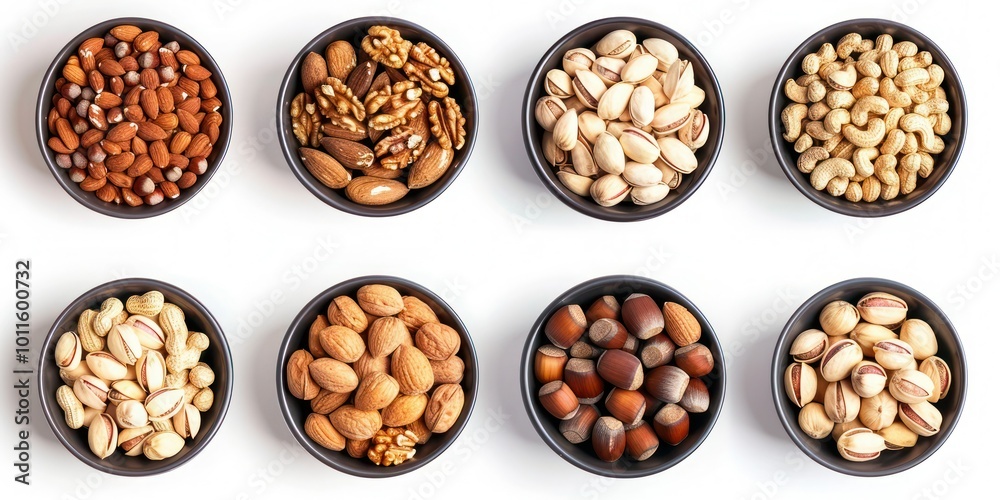 Set of assorted Nuts in bowls, nuts collections top view, isolated on white background Set of assorted Nuts in bowls, nuts collections top view, isolated on white background