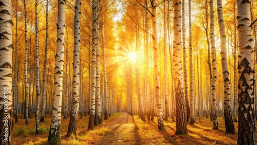 Golden Sunlight Illuminates a Path Through a Dense Birch Forest, Casting Long Shadows and Creating a Serene Atmosphere