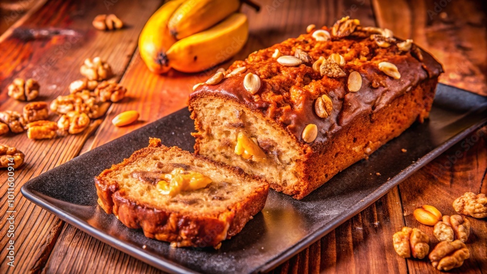 Fototapeta premium A loaf of banana bread with walnuts and peanuts on a wooden table with a slice cut out.