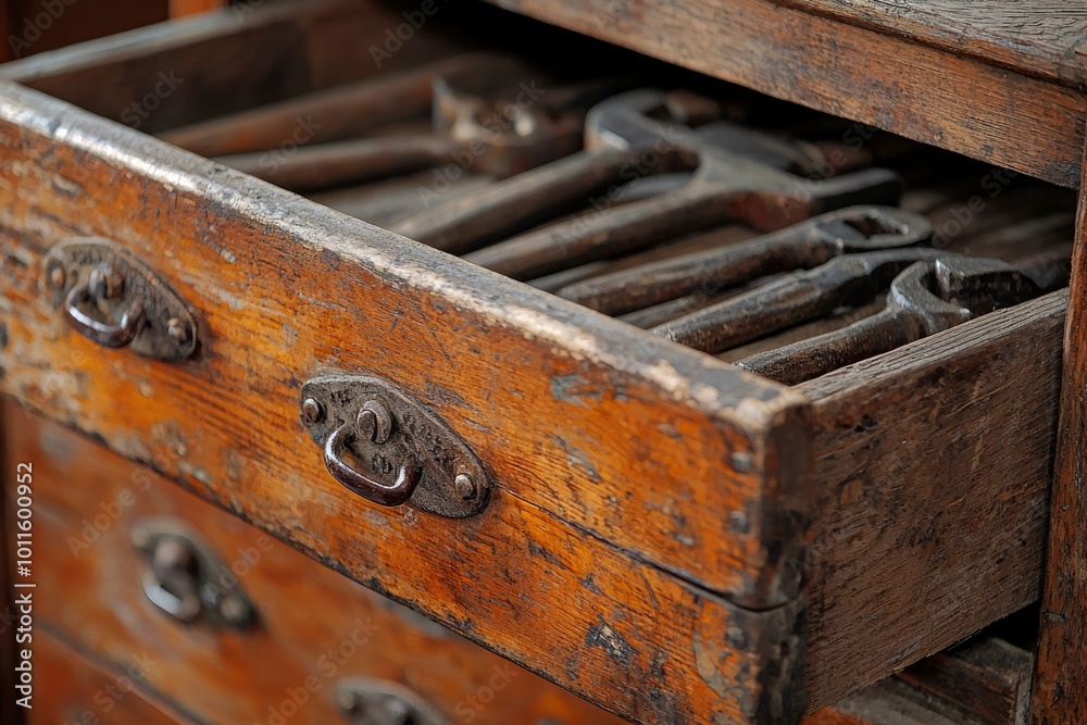 An Open Wooden Drawer Filled with Metal Tools An Open Wooden Drawer Filled with Metal Tools