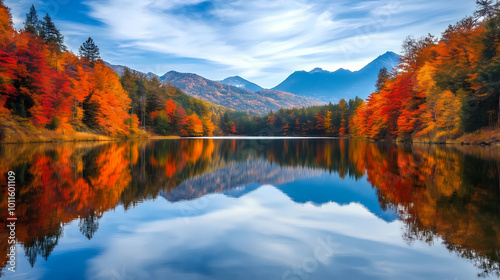 Peaceful Autumn Bliss: Colorful Trees Reflecting on a Calm Lake in a Mountain Setting