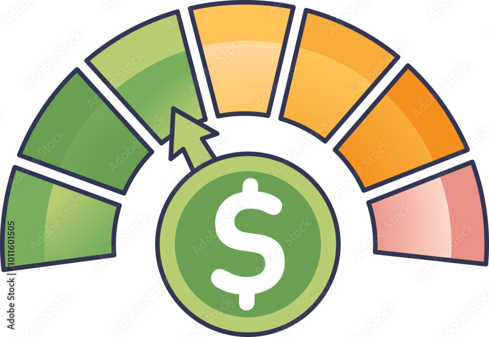 A value meter with a dollar sign indicates financial growth or investment potential. A value meter with a dollar sign indicates financial growth or investment potential.