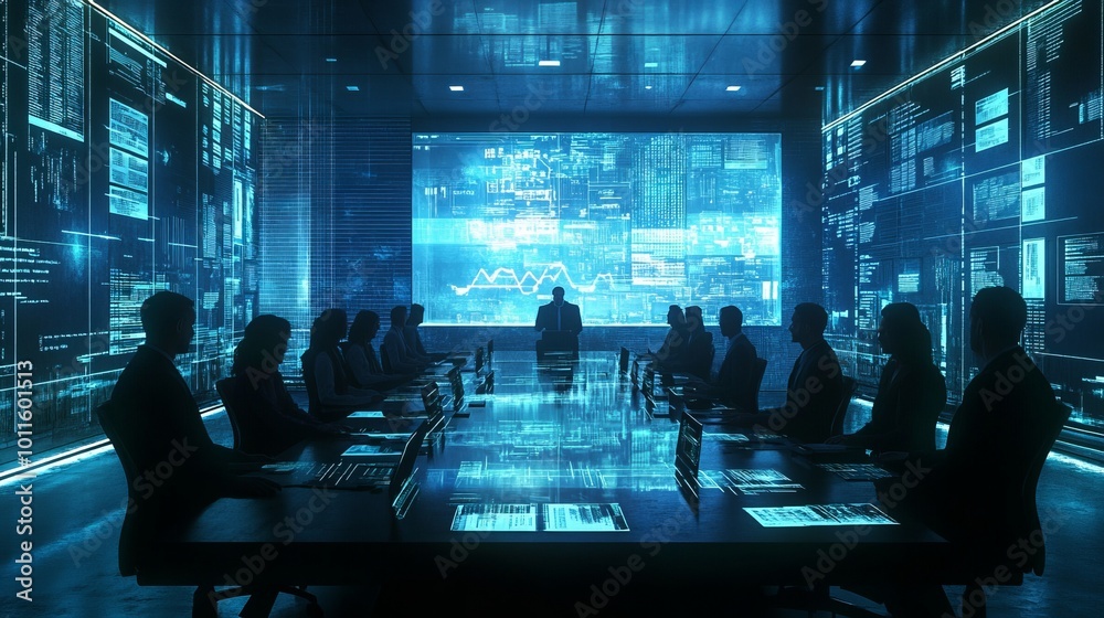 A modern boardroom with a digital presentation backdrop. A modern boardroom with a digital presentation backdrop.