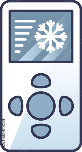 Illustration of a thermostat control unit with buttons and a snowflake icon, symbolizing temperature regulation.