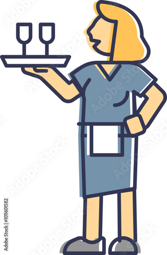 Illustration of a waiter holding a tray with glasses, symbolizing service and hospitality.