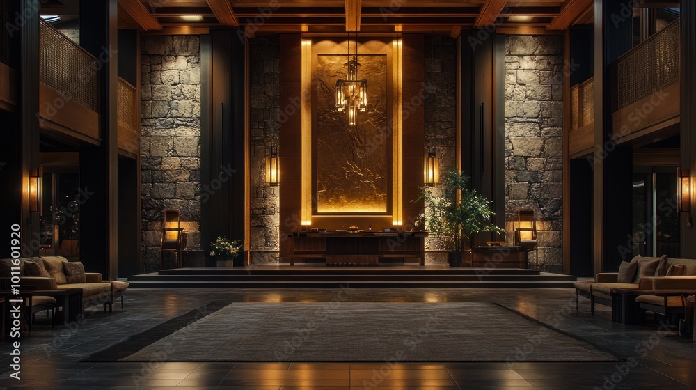 Modern Lobby with Stone Walls and Warm Lighting Modern Lobby with Stone Walls and Warm Lighting