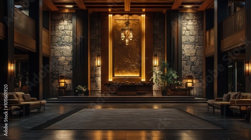 Modern Lobby with Stone Walls and Warm Lighting