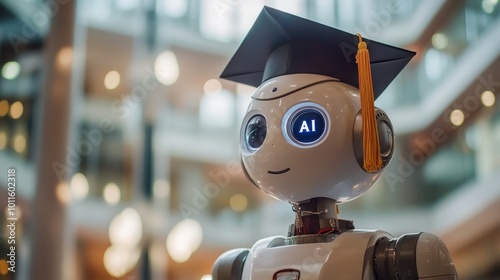 AI robot wearing a graduate cap graduated from university, artificial intelligence is replacing and displacing humans