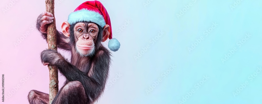 Fototapeta premium A charming chimpanzee with a Santa hat, swinging from a tree branch, with a pastel gradient background of sky blue and lavender.