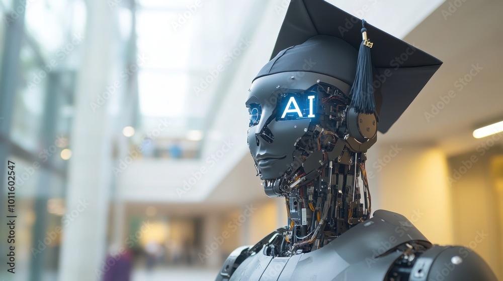 AI robot wearing a graduate cap graduated from university, artificial intelligence is replacing and displacing humans