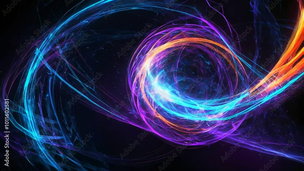 abstract digital artwork featuring rotating lights in neon blue, purple, and orange, forming a dynamic and futuristic ball of energy. Black background with subtle patterns resembling data lines. 4K abstract digital artwork featuring rotating lights in neon blue, purple, and orange, forming a dynamic and futuristic ball of energy. Black background with subtle patterns resembling data lines. 4K